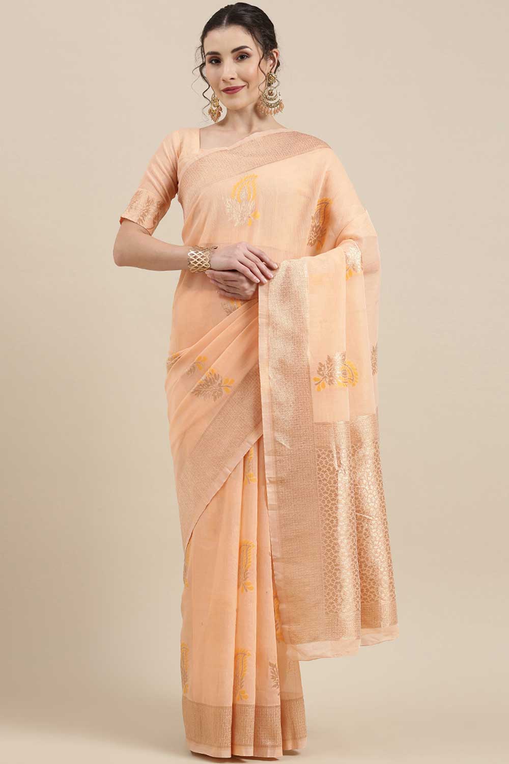 Linen print-floral Woven Saree In Peach