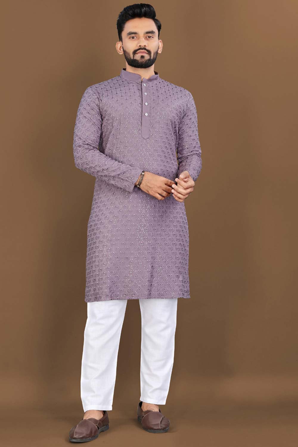 Violet Embroidered Rayon Kurta Pajama Set