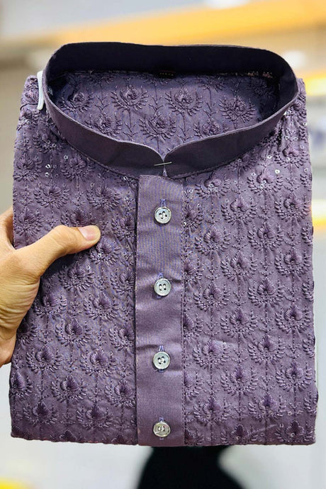 Violet Embroidered Rayon Kurta Pajama Set