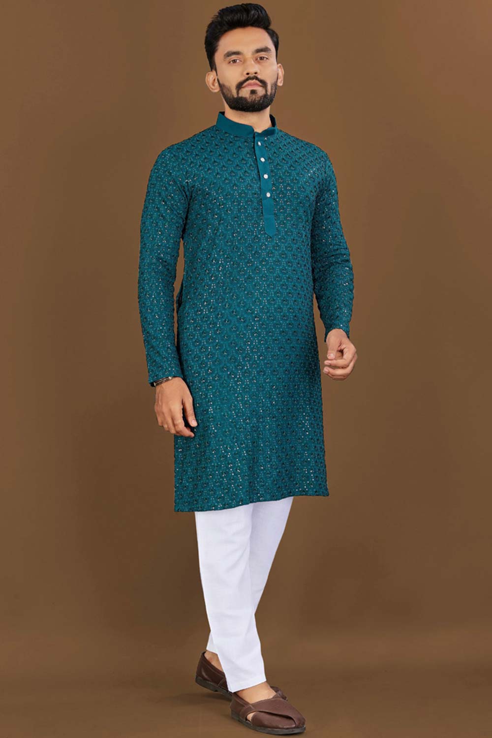 Blue Embroidered Rayon Kurta Pajama Set