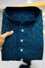 Blue Embroidered Rayon Kurta Pajama Set