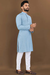 Blue Embroidered Rayon Kurta Pajama Set