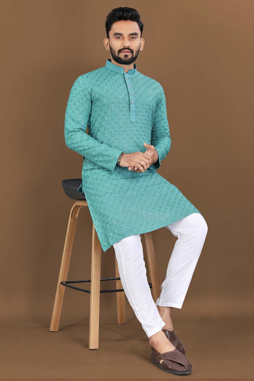 Turquoise Embroidered Rayon Kurta Pajama Set