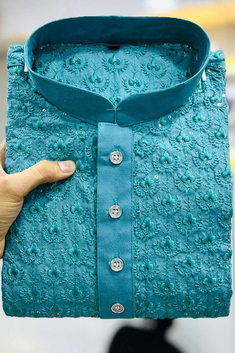 Turquoise Embroidered Rayon Kurta Pajama Set