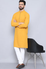 Men's Yellow Cotton Solid Long Kurta