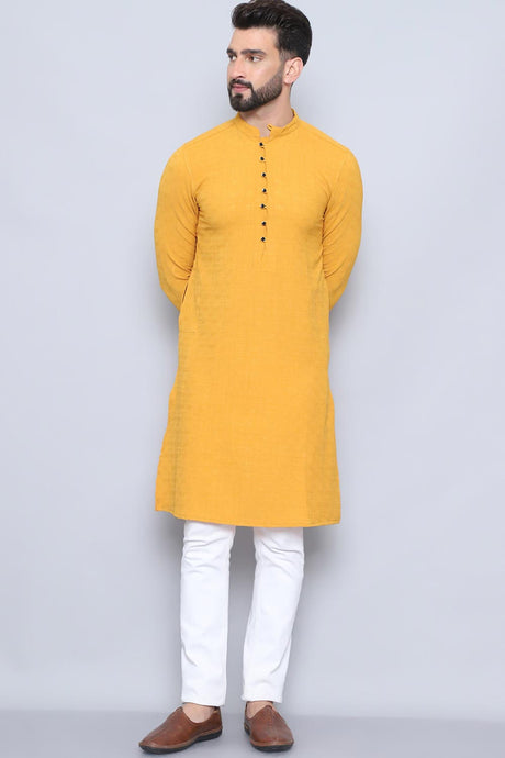 Men's Yellow Cotton Solid Long Kurta