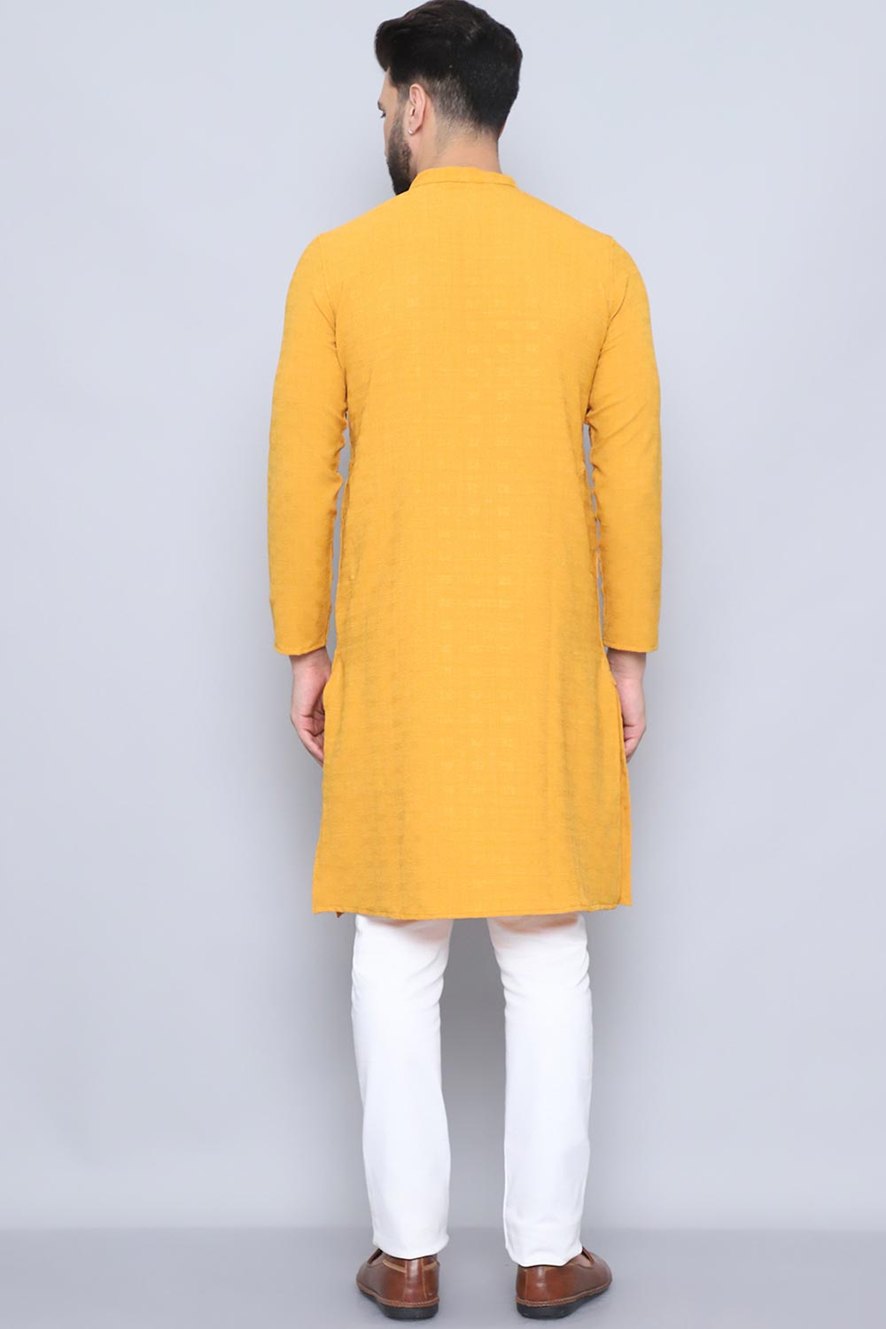 Men's Yellow Cotton Solid Long Kurta