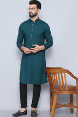 Men's Green Cotton Solid Long Kurta