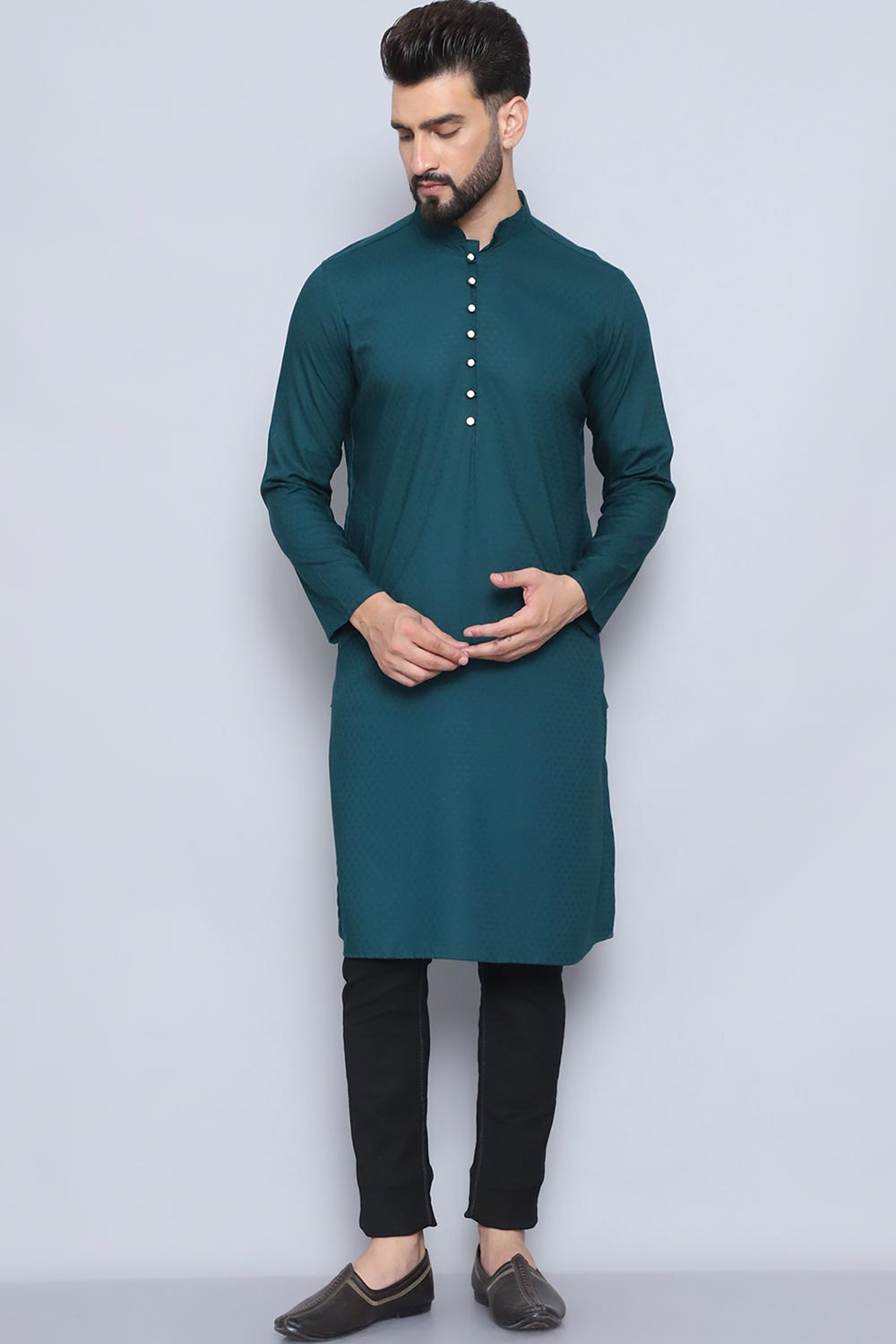 Men's Green Cotton Solid Long Kurta