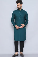 Men's Green Cotton Solid Long Kurta