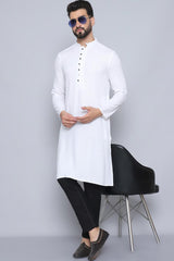 Men's White Cotton Solid Long Kurta