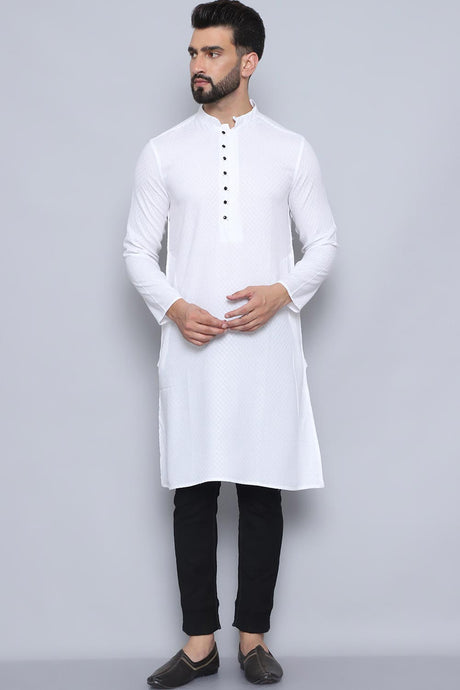 Men's White Cotton Solid Long Kurta