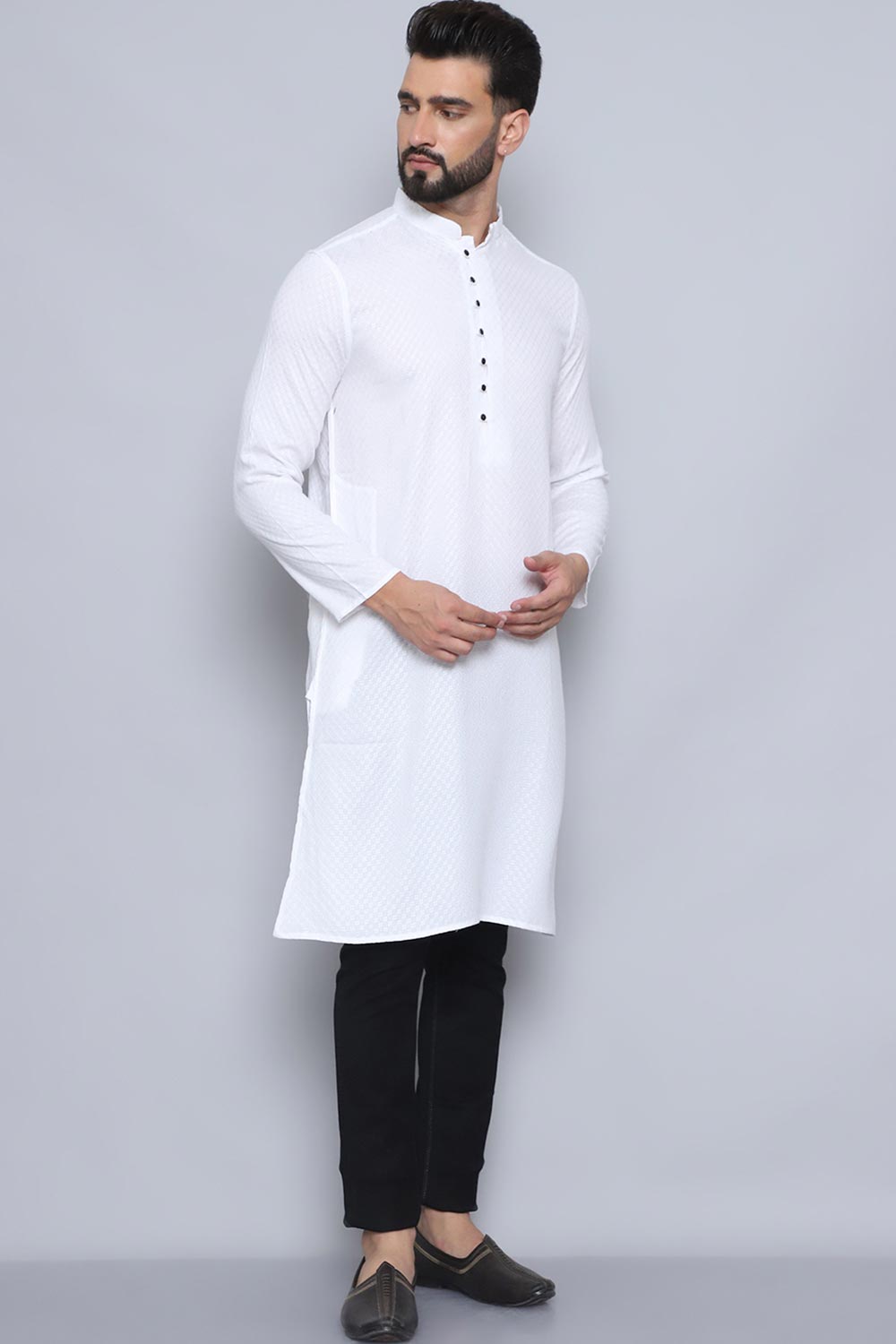 Men's White Cotton Solid Long Kurta