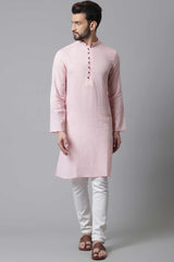 Men's Pink Cotton Solid Long Kurta
