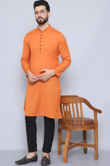 Men's Orange Cotton Solid Long Kurta