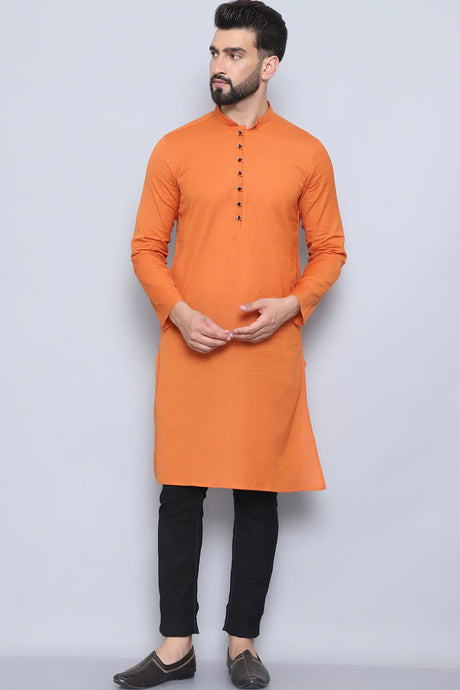 Men's Orange Cotton Solid Long Kurta