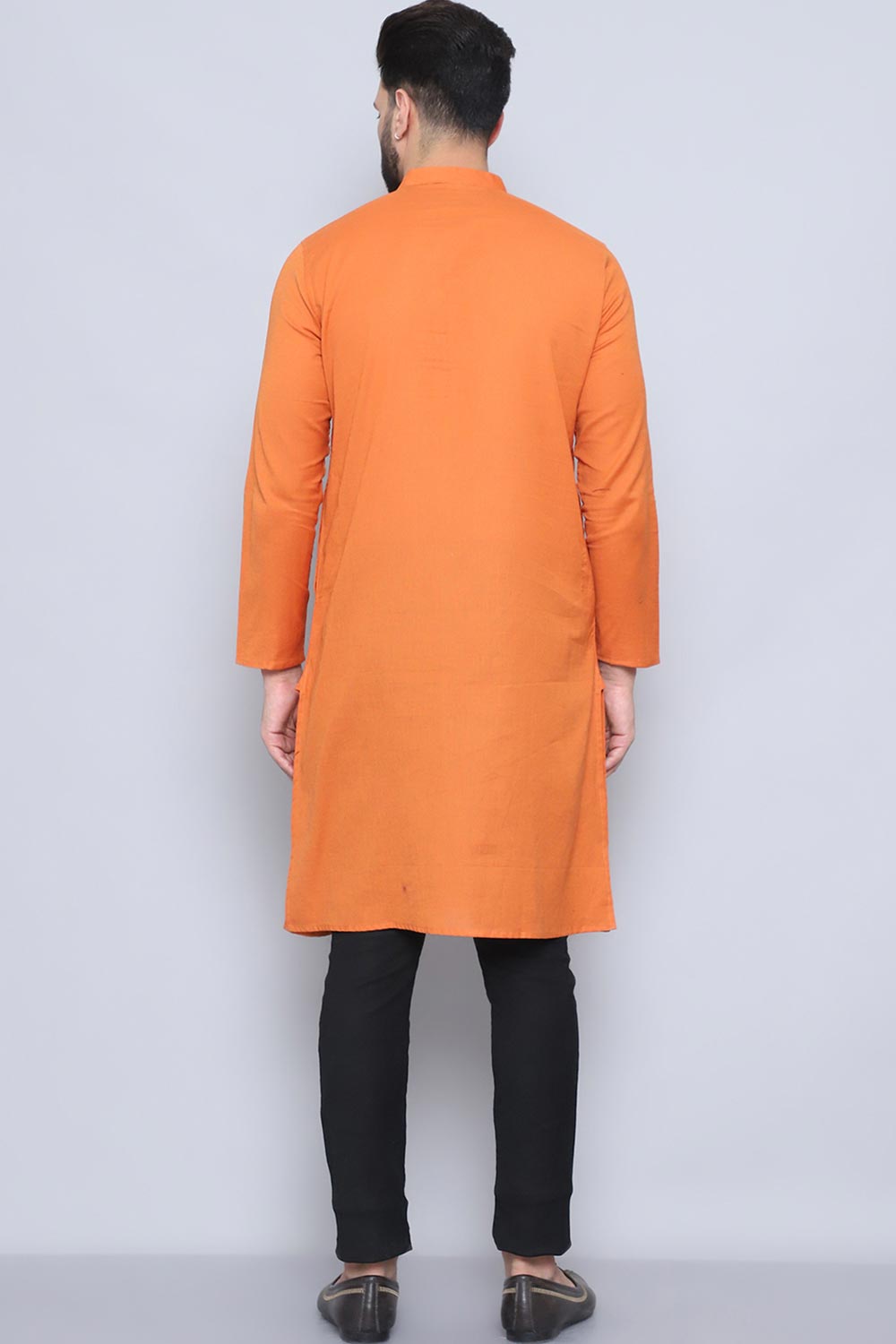 Men's Orange Cotton Solid Long Kurta