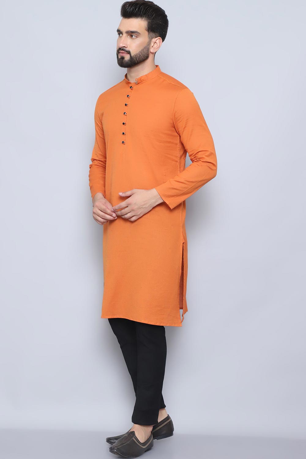 Men's Orange Cotton Solid Long Kurta