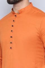 Men's Orange Cotton Solid Long Kurta