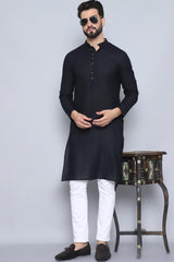 Men's Black Cotton Solid Long Kurta