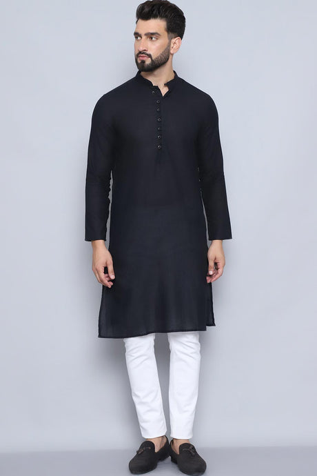 Men's Black Cotton Solid Long Kurta