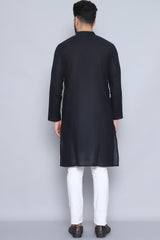 Men's Black Cotton Solid Long Kurta