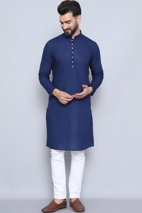 Men's Blue Cotton Solid Long Kurta