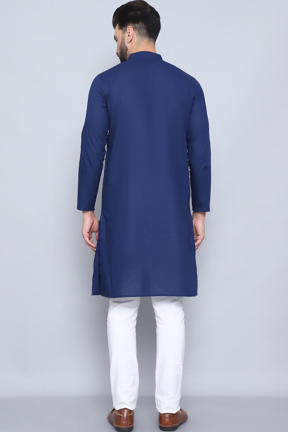 Men's Blue Cotton Solid Long Kurta