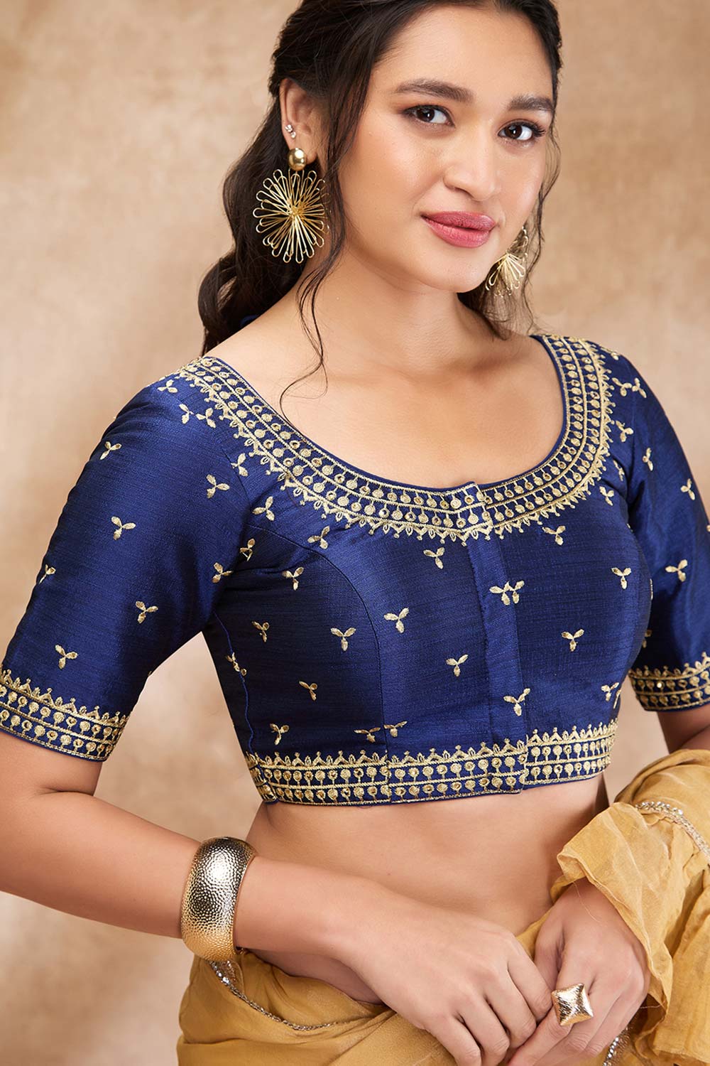 Blue Silk Embroidered Elbow Sleeve Blouse