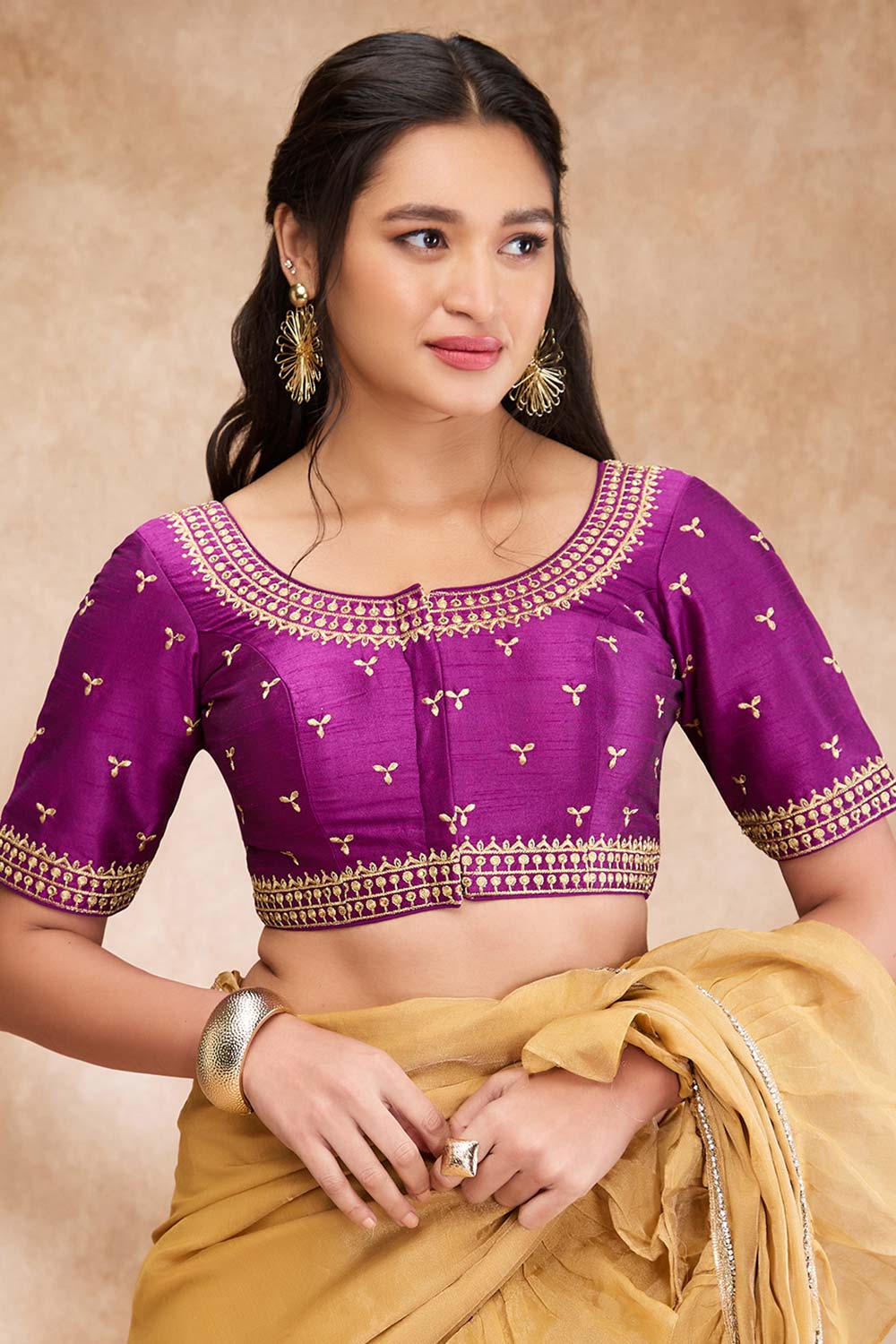 Purple Silk Embroidered Elbow Sleeve Blouse