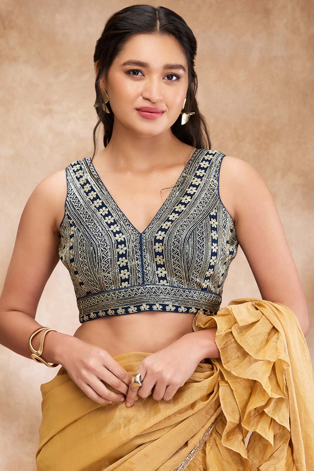 Navy Blue Brocade Embroidered Sleeveless Blouse