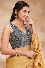 Navy Blue Brocade Embroidered Sleeveless Blouse