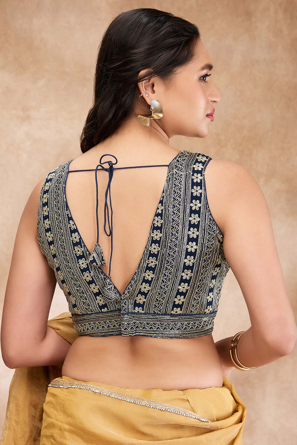 Navy Blue Brocade Embroidered Sleeveless Blouse