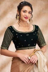 Green Velvet Embroidered Elbow Sleeve Blouse