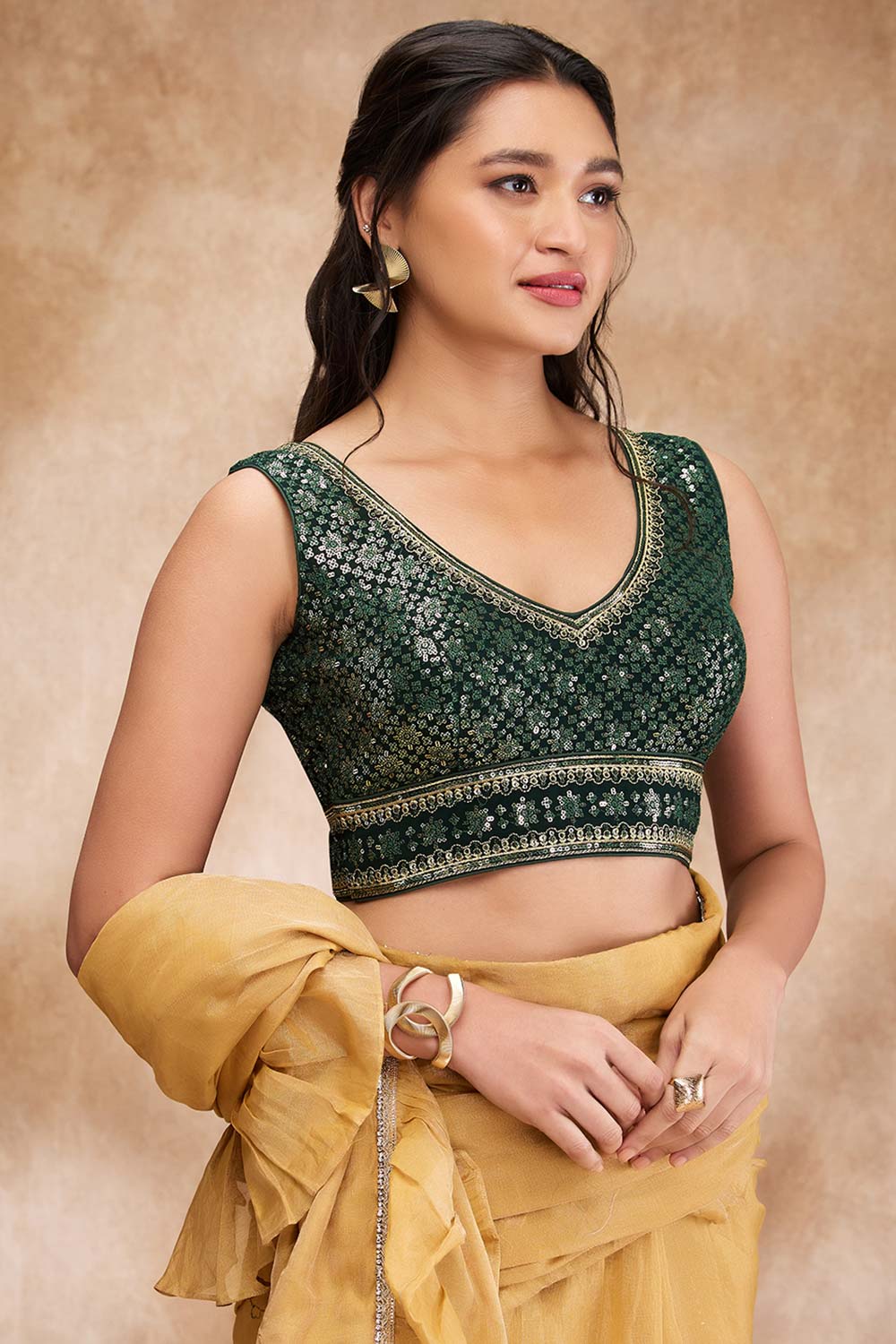 Green Brocade Embellished Sleeveless Blouse