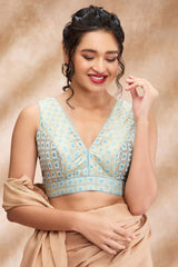 Sky Blue Brocade Woven Sleeveless Blouse