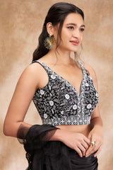 Black Silk Embroidered Sleeveless Blouse