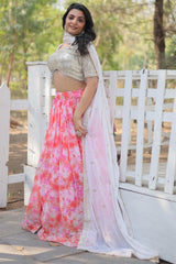 Pink Solid Embroidered Georgette Lehenga Choli Set