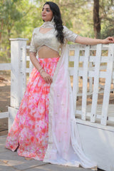 Pink Solid Embroidered Georgette Lehenga Choli Set