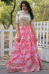 Pink Solid Embroidered Georgette Lehenga Choli Set