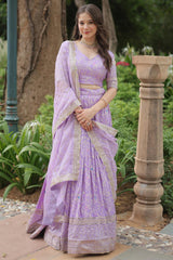 Violet Solid Embroidered Jacquard Lehenga Choli Set