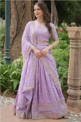 Violet Solid Embroidered Jacquard Lehenga Choli Set