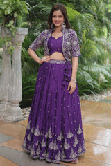 Violet Solid Embroidered Silk Lehenga Choli Set