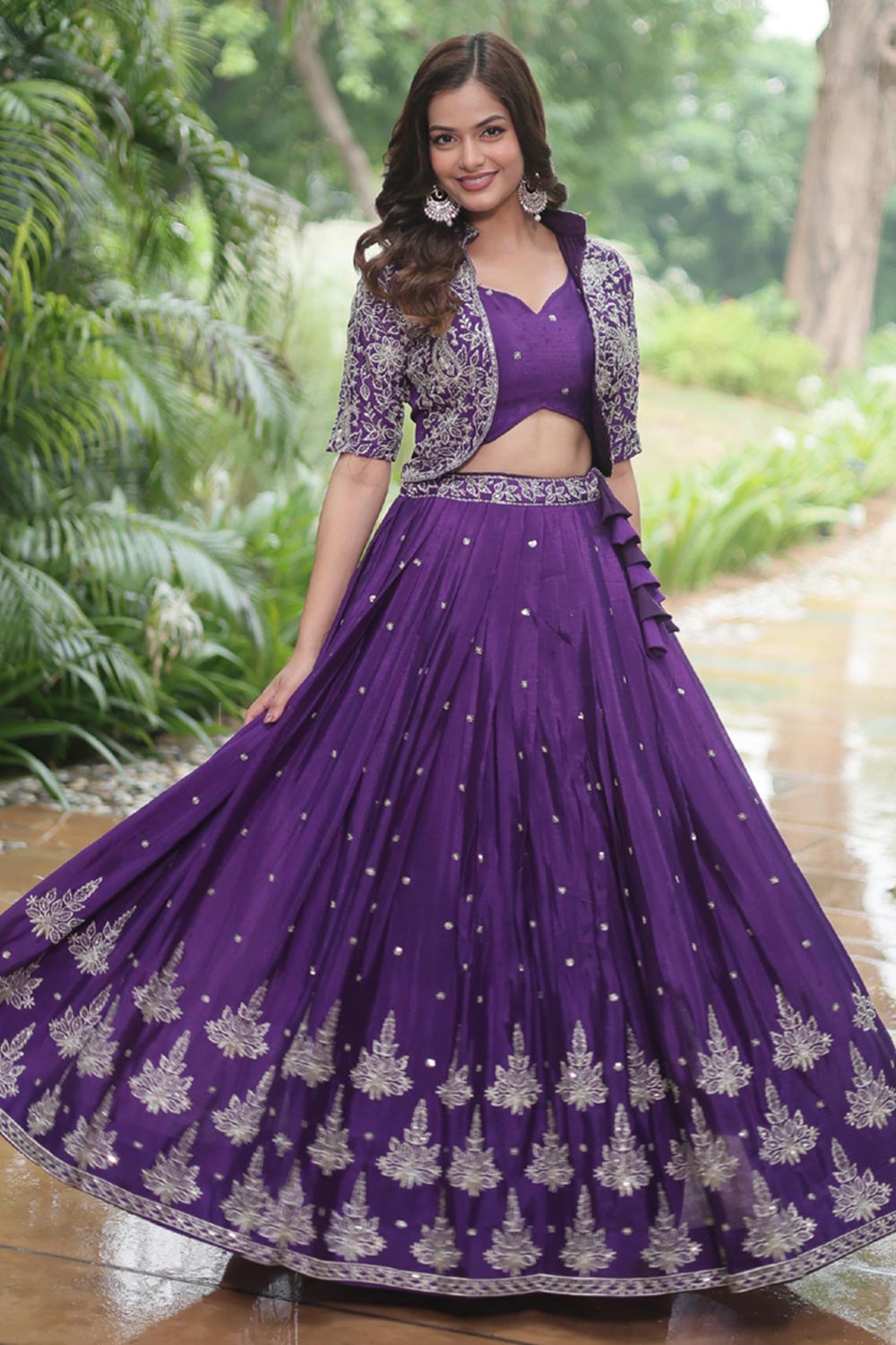 Violet Solid Embroidered Silk Lehenga Choli Set