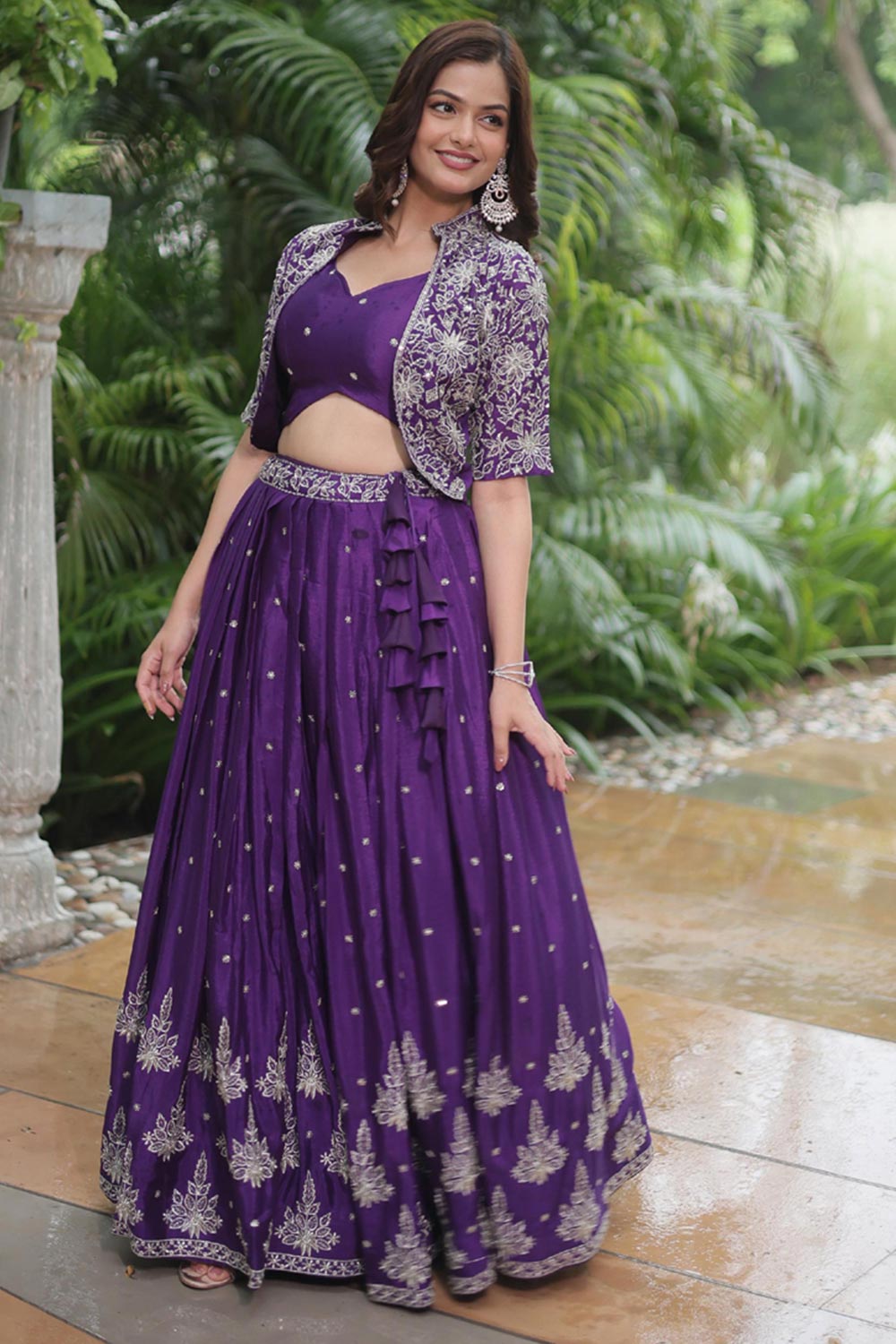 Violet Solid Embroidered Silk Lehenga Choli Set