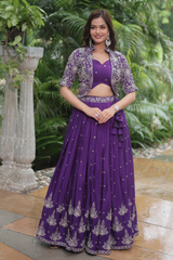 Violet Solid Embroidered Silk Lehenga Choli Set