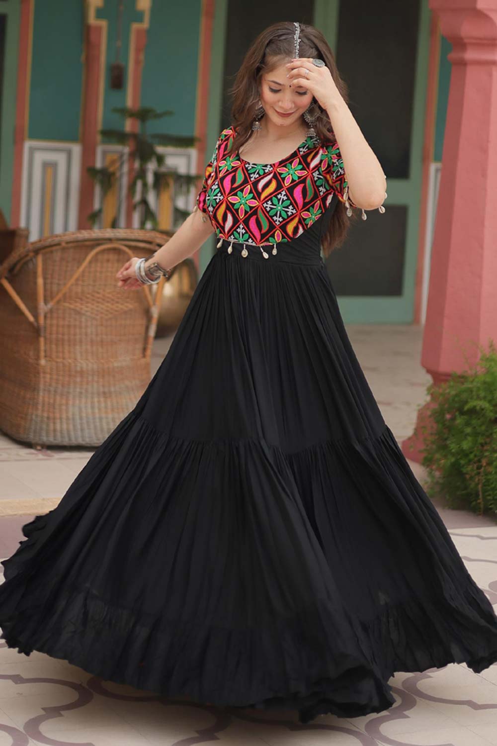 Black Rayon Gamthi Work Gown For Navaratri