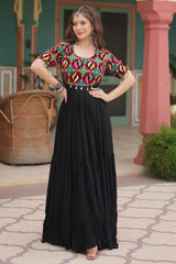 Black Rayon Gamthi Work Gown For Navaratri