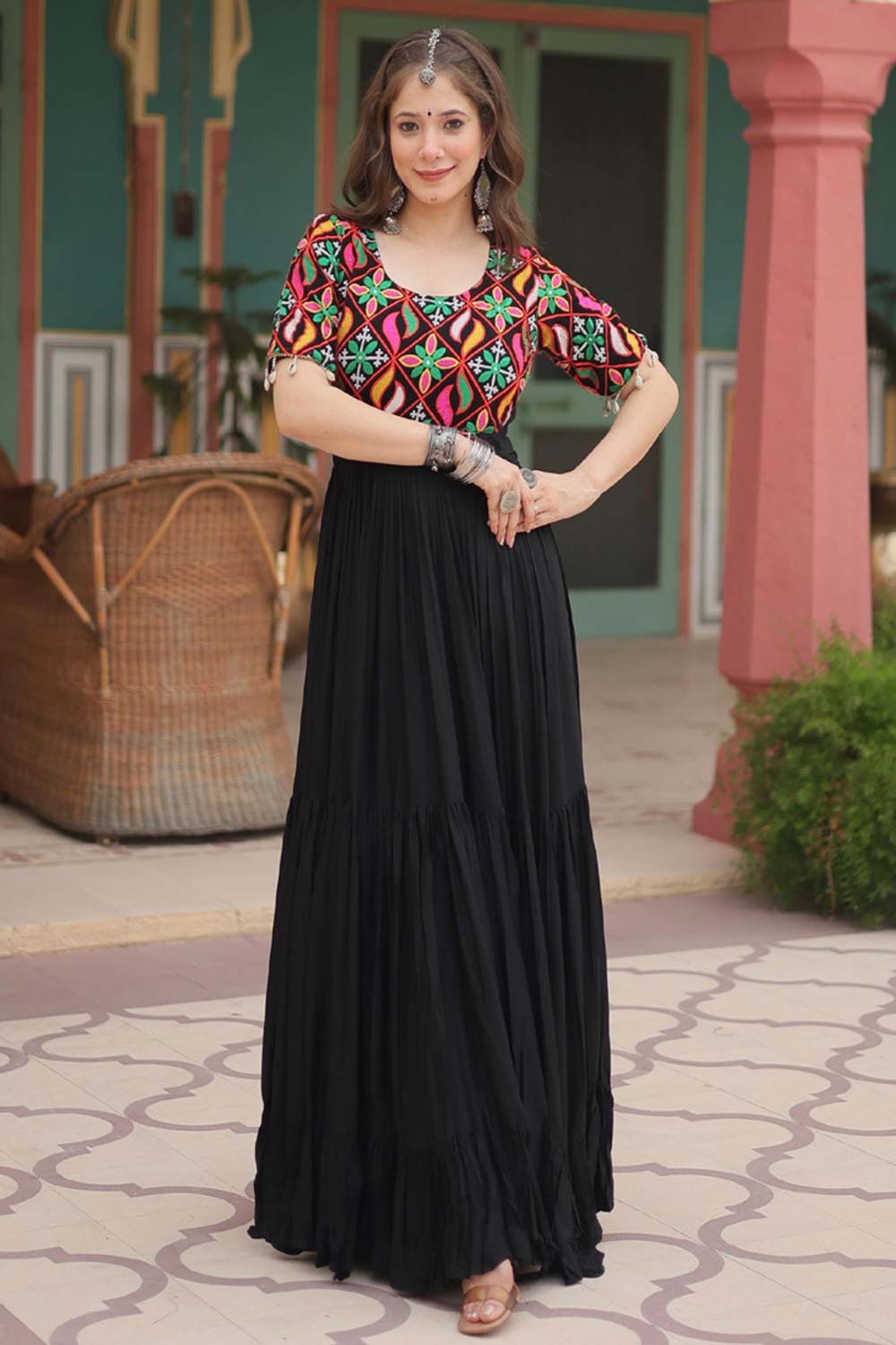 Black Rayon Gamthi Work Gown For Navaratri