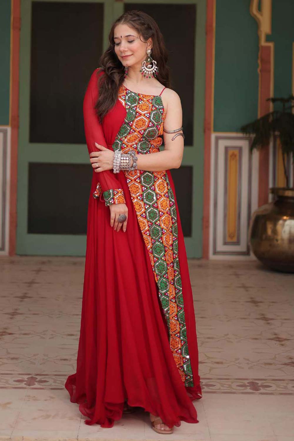 Red Georgette Gamthi Work Navaratri Gown